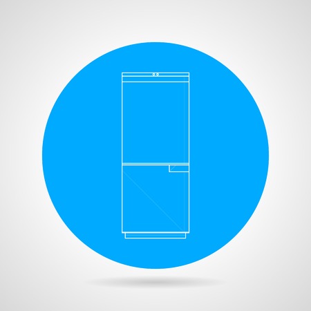 Round blue vector icon with white outline refrigerator on gray background.のイラスト素材