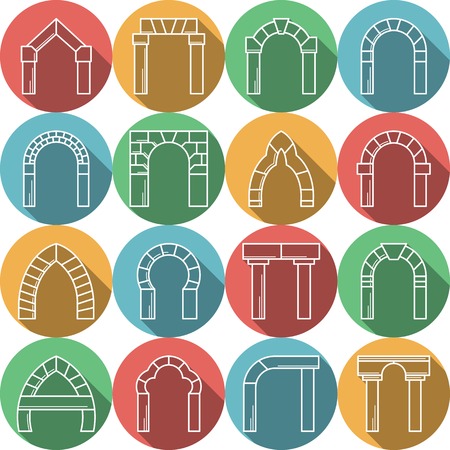 Flat colored circle vector icons with white contour arch types long shadow design on white background.のイラスト素材
