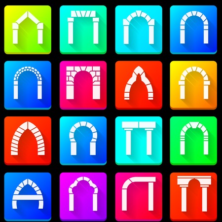 Set of colorful square icons with white silhouette segmental arches with shadow on black background.のイラスト素材