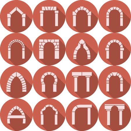 Set of red circle flat vector icons with white brick arch silhouette different types with long shadow on white background.のイラスト素材