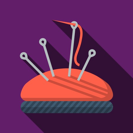 Flat vector icon for red sewing cushion with set of needles and pins on purple background. Long shadow design.のイラスト素材