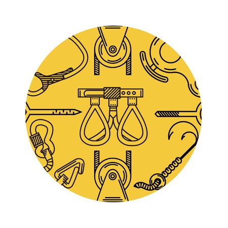 pattern with flat line elements for mountaineering on yellow background round designのイラスト素材