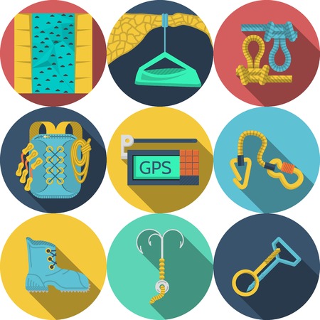 Set of colored round flat icons for outfit and equipment for rappelling, rock climbing on white background. のイラスト素材