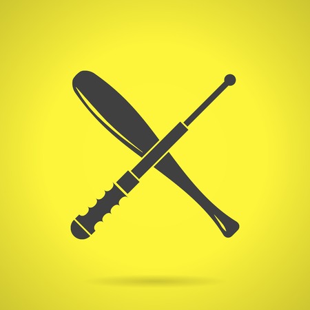 Flat black silhouette vector icon for crossed baseball bat and telescopic baton for self defense on yellow background.のイラスト素材