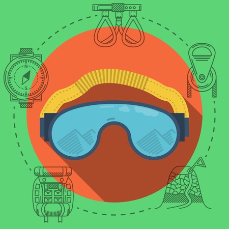 Blue climbing or ski glasses with yellow strap and with mountain reflection on orange icon with gray contour outfit elements around. Flat color vector illustration for rock climbing on green background. Long shadow designのイラスト素材