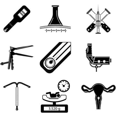 Set of black silhouette vector icons for gynecology and obstetrics on white backgroundのイラスト素材