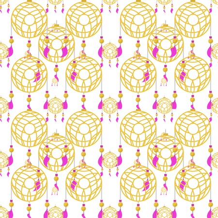 Seamless vector pattern for handmade store with flat color yellow dream catchers with pink feathers on white background.のイラスト素材