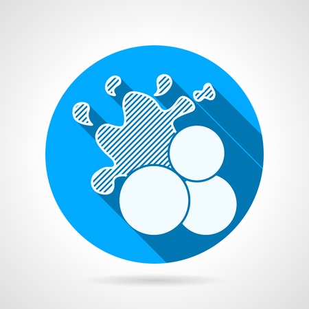 Flat round blue vector icon with white silhouette three paintball balls with splashing on gray background. Long shadow designのイラスト素材