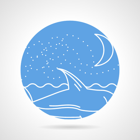 Abstract flat circle vector icon with white line seascape with waves, night sky and floating shark on gray background.のイラスト素材