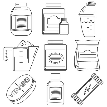 Set of black flat line vector icons for sport supplements set for athlete diet on white background.のイラスト素材