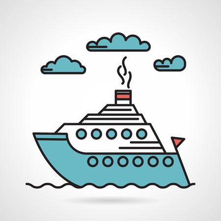 Colored flat design vector icon for seascape with cruise steam ship on white background with blue clouds.のイラスト素材