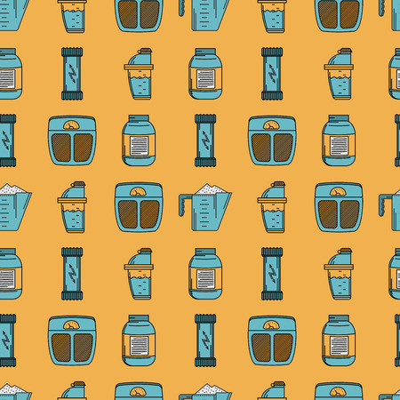 Seamless colored vector pattern with flat style elements for sports diet on yellow backgroundのイラスト素材