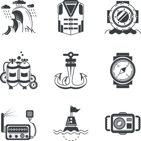 Set of black silhouette vector icons for marine equipment and objects on white background.のイラスト素材