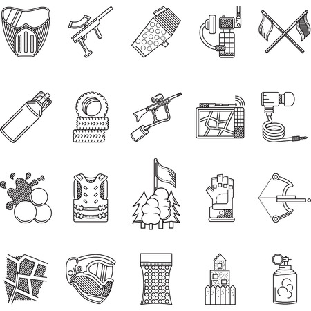 Set of black flat line vector icons for paintball and airsoft equipment and outfit on white background.のイラスト素材