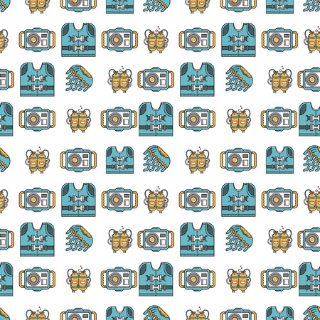 Seamless flat color design vector pattern with life jacket, camera, aqualung and jellyfish on white background.のイラスト素材