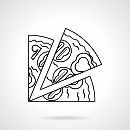 Flat black line vector icon for pizza slices with mushrooms, tomato and pepper on white background.のイラスト素材