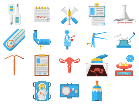 Set of flat colors style vector icons for elements and objects for gynecology and obstetrics on white background.のイラスト素材