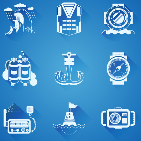Set of white silhouette vector icons for sea leisure and diving on blue background.のイラスト素材