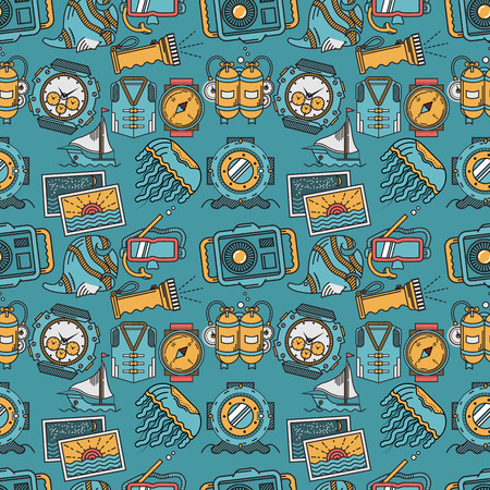 Seamless pattern with flat color design elements of sea active leisure and diving on blue background.のイラスト素材