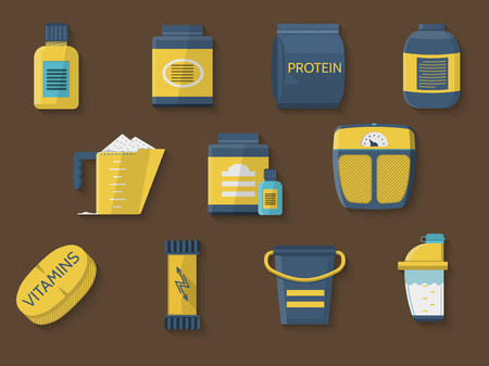 Flat color design icons collection of yellow and blue jars for sports nutrition program on brown background.のイラスト素材