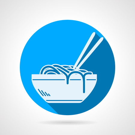 Flat blue round vector icon with white silhouette bowl with noodles and chopsticks on gray background.のイラスト素材