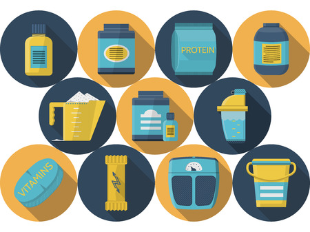 Set of round blue and yellow flat color design vector icons with elements for sports diet on white background.のイラスト素材