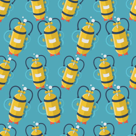 Seamless vector pattern with randomly flat color design yellow aqualung with one cylinder for diving on blue background.のイラスト素材