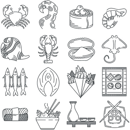 Set of black flat line vector icons for sea food menu on white background.のイラスト素材