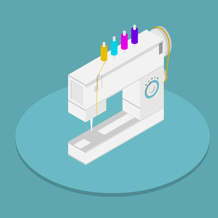 Vector isometric flat color design illustration of white automatic sewing machine with set of colored spools on blue background.のイラスト素材