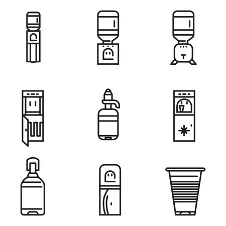 Set of black flat line design vector icons for water cooler elements on white background.のイラスト素材