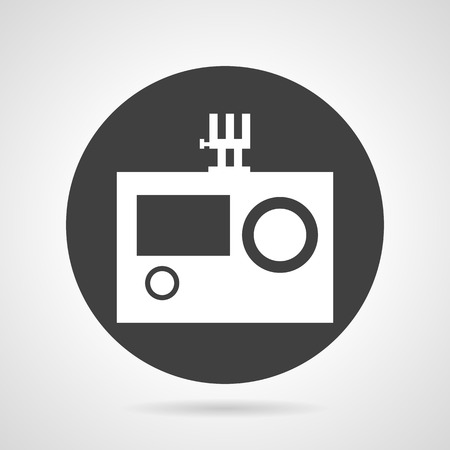 Flat black round vector icon with white silhouette action camera for sport or drone survey on gray background.のイラスト素材