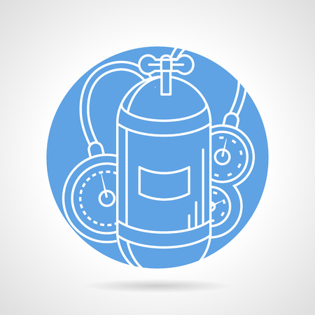 Abstract blue round vector icon with white line single aqualung tank with valve and console for diving on gray background.のイラスト素材