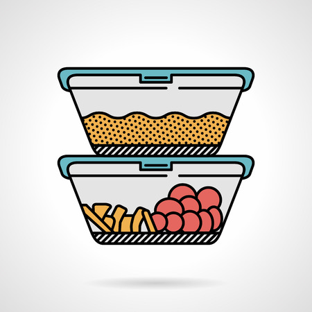 Vector flat design colored icon for two plastic containers with cereal, vegetables or fruits for lunch menu on white background.のイラスト素材