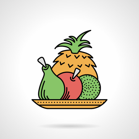 Single flat color design vector icon for dish with pineapple, pear, apple and kiwi on white background.のイラスト素材