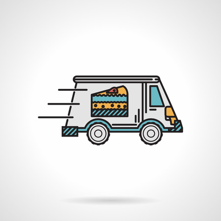 Single flat color design vector icon for dessert delivery van with cake on side in move on white background.のイラスト素材