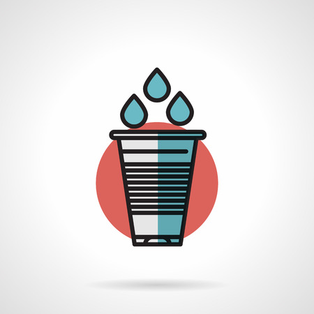 Flat line design colored vector icon for disposable plastic glass and three water drops on red round background.のイラスト素材