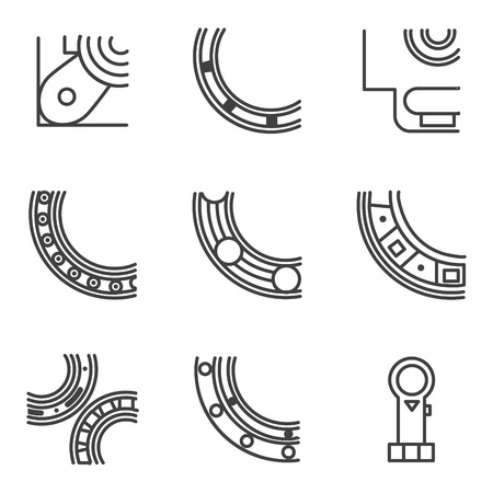 Abstract simple line design icons for set of parts of bearings. Ball, radial, roller and other types bearings for mechanism componentsのイラスト素材