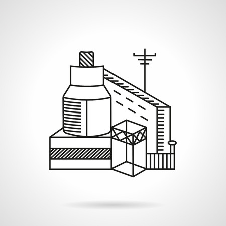 Flat black line vector icon of plant for grain. Modern technology mill, silos, grain storage, grain elevator. Design element for business and websiteのイラスト素材