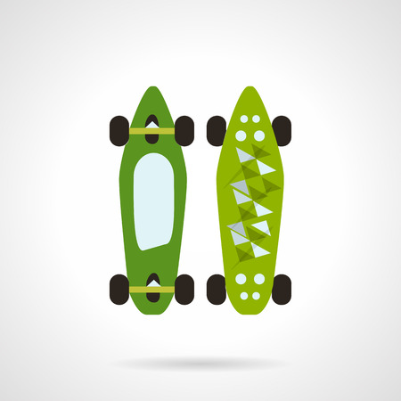 Flat color style vector icon for two green skateboards or longboards with abstract print. Summer leisure activity items. Design element for business and websiteのイラスト素材
