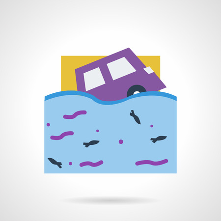 Flat color design vector icon for flood insurance for car. Purple automobile under water. Design element for business and websiteのイラスト素材