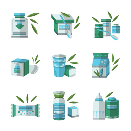 Set of flat style vector icons in blue and green colors for baby food.のイラスト素材