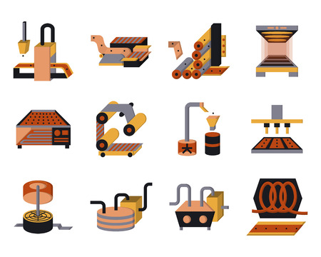 Set of flat color style vector icons for food processing machinery and equipment. のイラスト素材