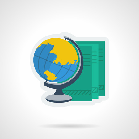 Classic globe and green books. Flat vector icon. Symbol for geography or travel agency. Elements for web design and businessのイラスト素材