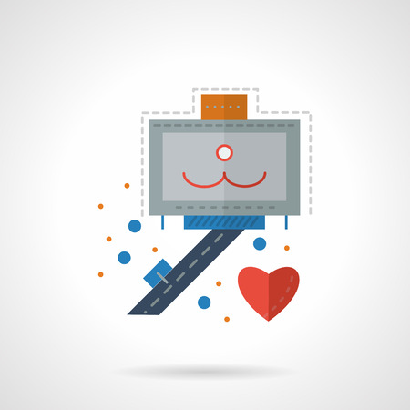 Monopod with photo of cat smile and red heart sign. Flat color vector icon. Taking selfie concept. Design symbols for website and business.のイラスト素材