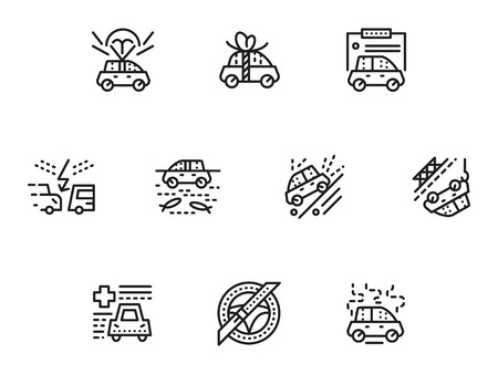 Different types of car topics including insurance, flat line style icons vector collection. Web design elements for business.のイラスト素材