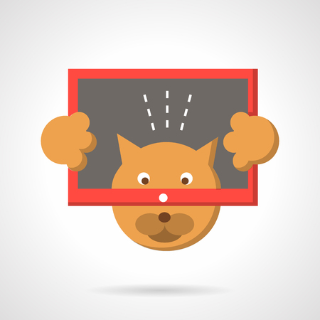 Orange cat holds red tablet and taking self-portrait photo. Flat color style vector icon. Social networks, modern lifestyle. Web design elements.のイラスト素材