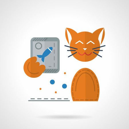 Cute orange cat holds smartphone with blue fish sign and taking selfie. Flat color style vector icon for pets lifestyle. Web design elements.のイラスト素材