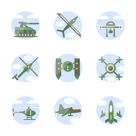 Set of round stylish flat color vector icons for unmanned drones and robots. Military technology concept. Web design elements.のイラスト素材