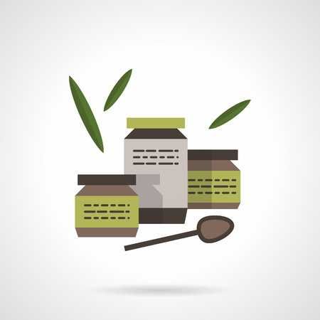 Organic baby food in jars, spoon and leaves. Healthy nutrition. Flat color style vector icon. Single element of web design for site or mobile app.のイラスト素材