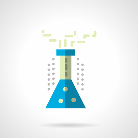 Chemical laboratory transparent flask with blue reaction liquid. Education and science symbol. Flat color style vector icon. Single web design elements for business, app, website.のイラスト素材